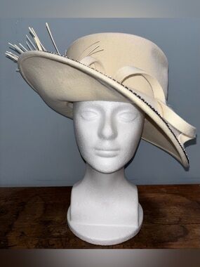 Faranak New York Women’s Hat Ivory Wide-Brim Floral Rhinestones Derby Church